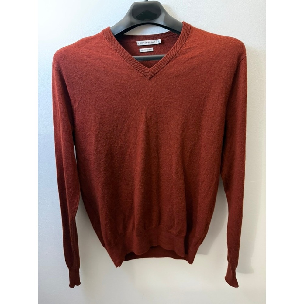 Peter Millar Mens Rust Orange 100% Extrafine Italian Merino Wool VNeck Sweater M